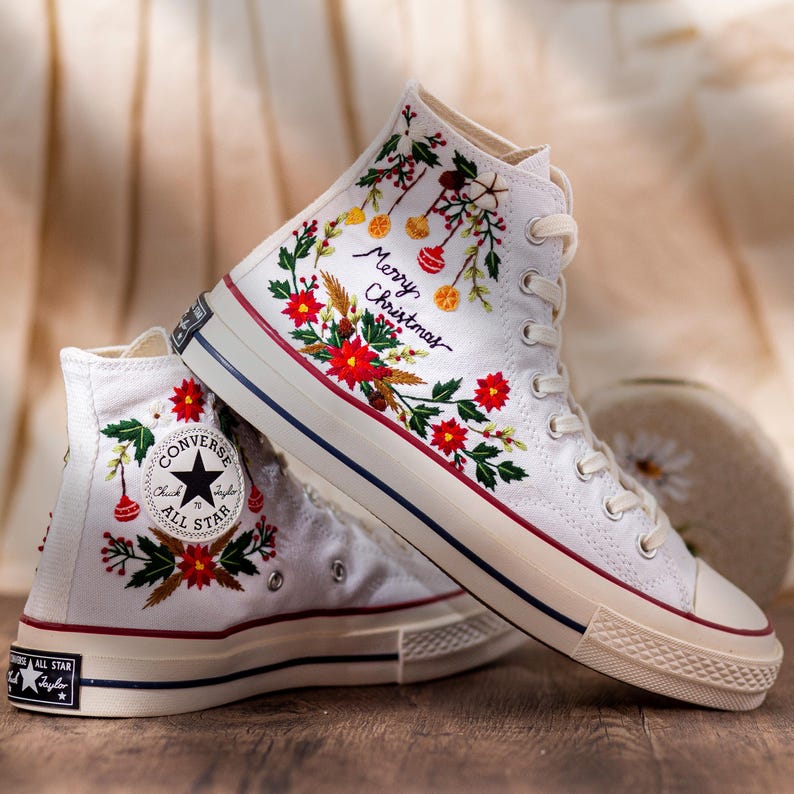 Christmas Embroidered Converse Shoes, Poinsettia Floral Design & Merry Christmas Embroidery Sneakers, Unique Holiday Gift Idea