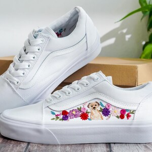Custom Embroidered Vans Old Shool, Pet Embroidered Wedding Vans, Flowers and Dog Embroidered Shoes Custom, Personalized Bridal Sneakers
