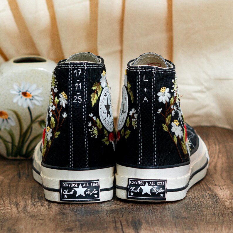 Custom Embroidered Converse Chuck Taylor High Tops, Black Converse Embroidery With Mushrooms & Floral, Custom Shoes Mystical, Birthday Gift