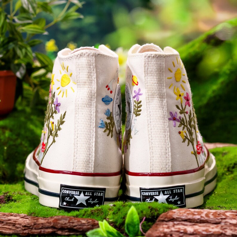 Custom Embroidered Converse High Tops, Graden Flower and Mushroom Embroidered Shoes, Floral Embroidered Sneakers Custom, Gift for Her