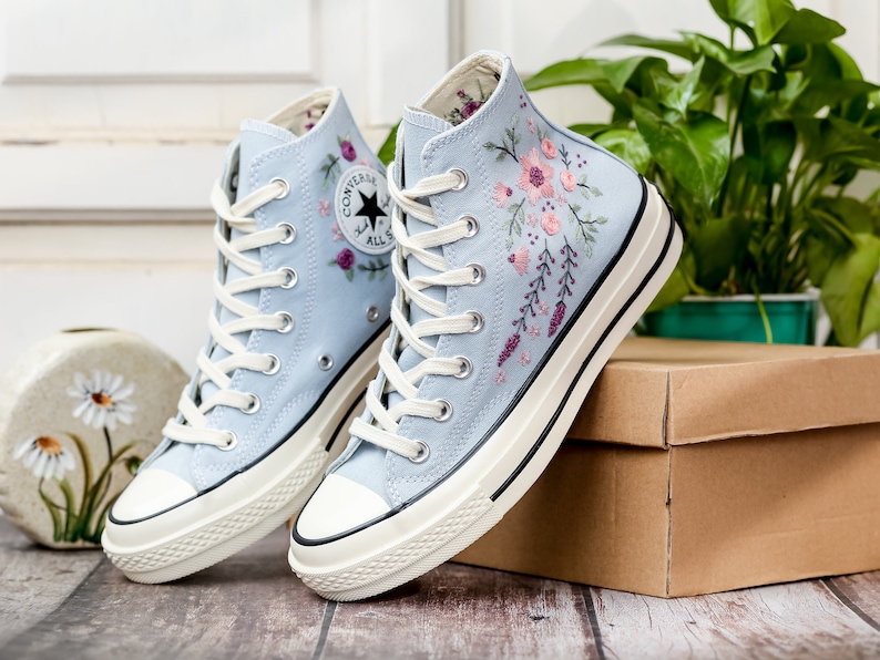 Embroidered Converse, Embroidered Floral, Custom Converse High Top,  Converse Embroidered With Colorful Flower Garden, Personalized Gifts