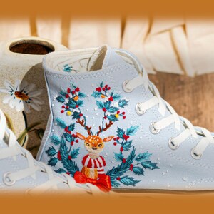Reindeer & Christmas Flowers Embroidered Converse Shoes, Reindeer  Embroidery Shoes, Winter Holiday Shoes, Merry Christmas Gift for Her