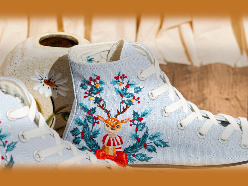Reindeer & Christmas Flowers Embroidered Converse Shoes, Reindeer  Embroidery Shoes, Winter Holiday Shoes, Merry Christmas Gift for Her
