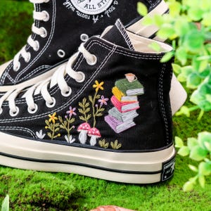 Hand-Embroidered Book & Mushroom Floral Converse,Book Embroidered Converse Shoes, Flower Embroidered Sneaker,Magical Graduation Gift for Her