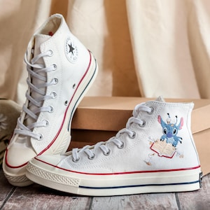 Custom Blue Alien Embroidered Converse High Tops, Converse Embroidery Book, Blue Alien Embroidered Shoes Custom,  Birthday Gifts for Her