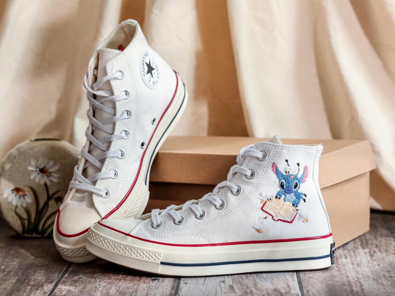 Custom Blue Alien Embroidered Converse High Tops, Converse Embroidery Book, Blue Alien Embroidered Shoes Custom,  Birthday Gifts for Her