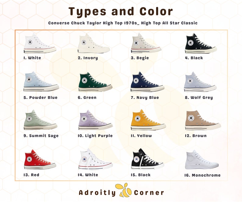 types and color, converse chuck taylor high tops 1970s, all star classic