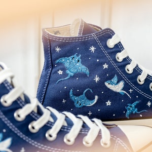 Custom Embroidered Converse High Tops, Custom Converse Chuck Taylor 1970s Manta Ray Embroidered, Ocean Embroidered Shoes Custom, Ocean Gifts