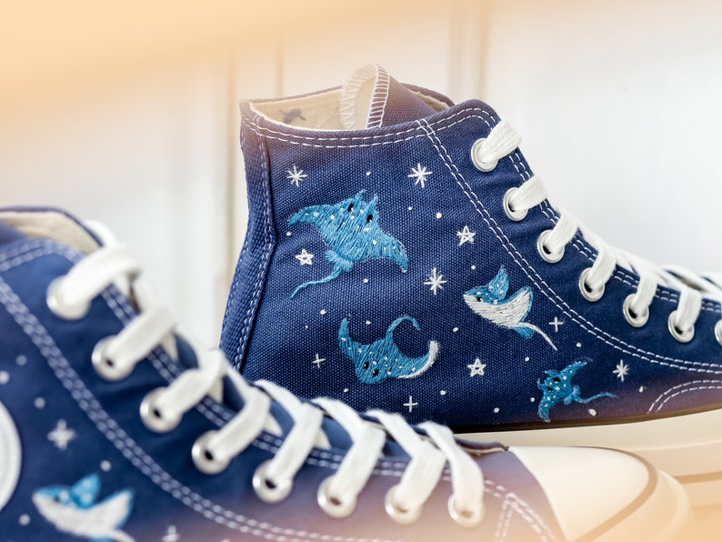 Custom Embroidered Converse High Tops, Custom Converse Chuck Taylor 1970s Manta Ray Embroidered, Ocean Embroidered Shoes Custom, Ocean Gifts