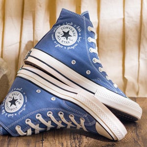 Custom Embroidered Converse Chuck 70 High Top, Denim Blue Converse Embroidery With Book And Mushroom, Hand Embroidered Sneakers, Unique Gift