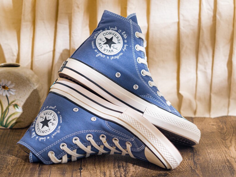 Custom Embroidered Converse Chuck 70 High Top, Denim Blue Converse Embroidery With Book And Mushroom, Hand Embroidered Sneakers, Unique Gift