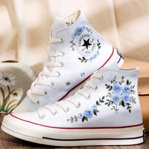 Custom Embroidered Wedding Converse for Bride, Blue Flowers Embroidered Sneakers, Embroidered Wedding Reception Shoes, Converse Embroidery