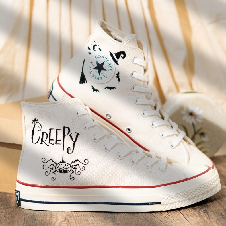 Unique Personalized Embroidered Converse High Tops, Custom Halloween Embroidery Sneakers, Creepy Spider Embroidery Converse, Halloween Gift