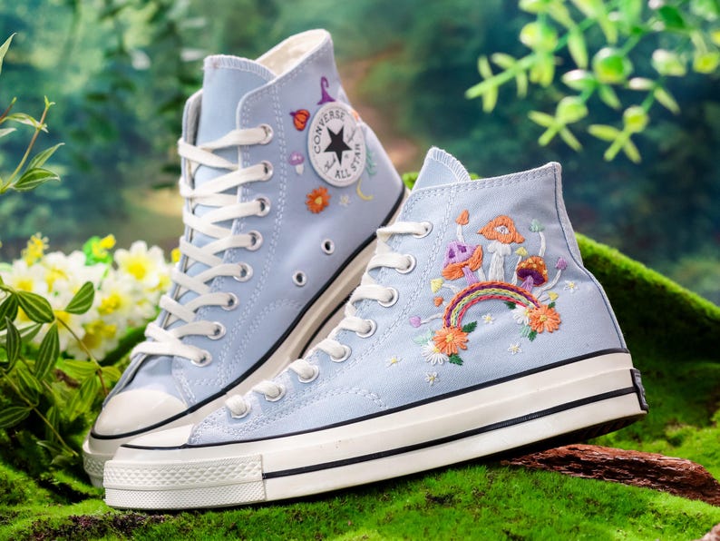 Custom Converse Chuck Taylor Mushrooms Embroidered Converse Shoes, Mushrooms, Rainbow Embroidered Sneaker Custom, Halloween Vibes Embroidery