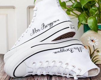 Wedding Converse for Bride, Name and Date Embroidered Converse Platform, Personalized Bridal Sneaker, Floral Embroidery Shoes, Unique Gifts