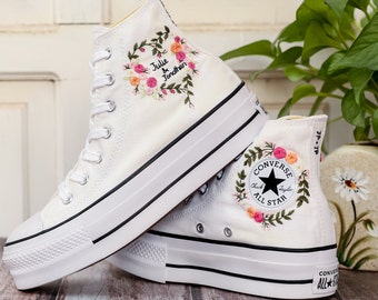 Platform Converse With Flowers, Bridal Flowers Embroidered Shoes for Bride, Floral Embroidered Sneakers, Wedding Gift, Sneakers Wedding