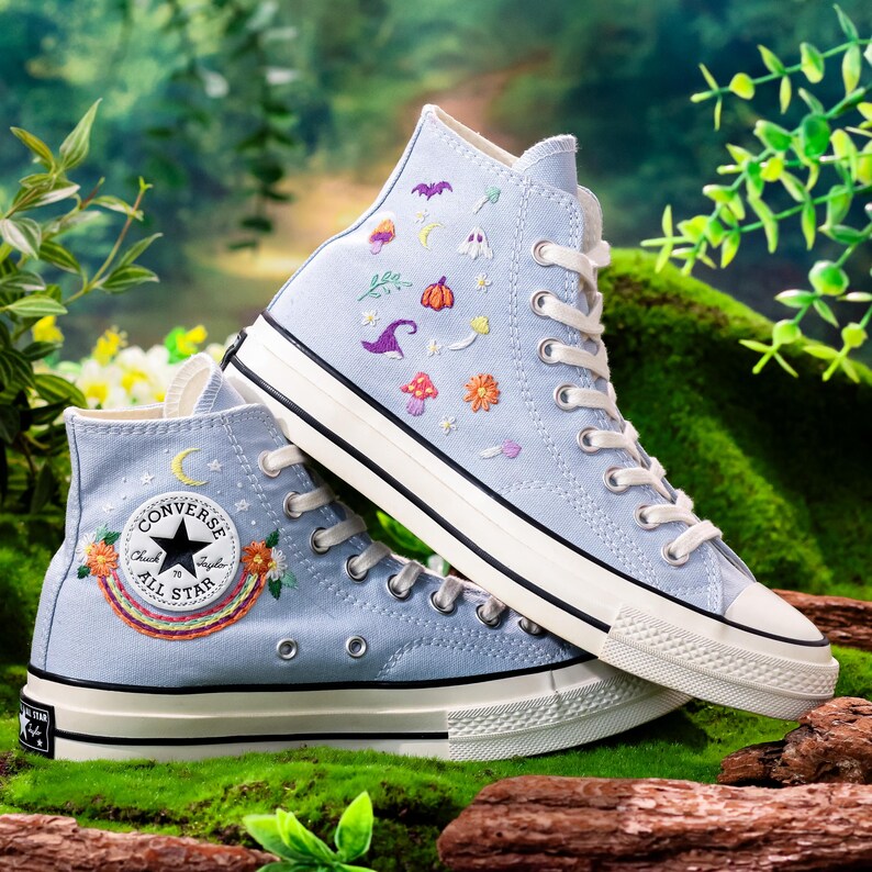 Custom Converse Chuck Taylor Mushrooms Embroidered Converse Shoes, Mushrooms, Rainbow Embroidered Sneaker Custom, Halloween Vibes Embroidery