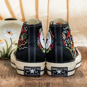 Custom Embroidered Converse Chuck Taylor High Tops 90S Style, Black Converse Embroidery Memphis, Abstract Embroidered Sneakers, Unique Gifts