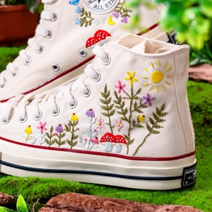 Custom Embroidered Converse High Tops, Graden Flower and Mushroom Embroidered Shoes, Floral Embroidered Sneakers Custom, Gift for Her