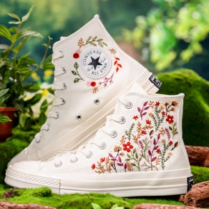 Wedding Converse for Bride, Colorful Flower Garden Embroidered Shoes, Boho Wedding Flower Embroidered Sneakers, Wedding Gift