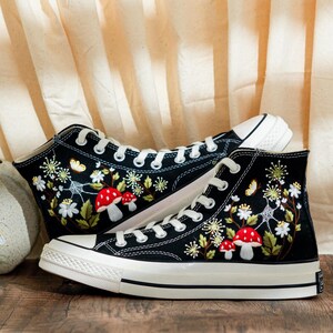 Custom Embroidered Converse Chuck Taylor High Tops, Black Converse Embroidery With Mushrooms & Floral, Custom Shoes Mystical, Birthday Gift