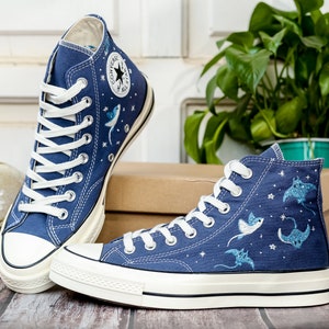 Custom Embroidered Converse High Tops, Custom Converse Chuck Taylor 1970s Manta Ray Embroidered, Ocean Embroidered Shoes Custom, Ocean Gifts
