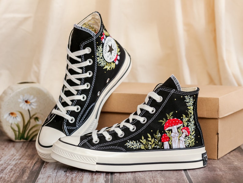 Custom Embroidered Converse Chuck Taylor 1970s, Mushrooms Embroidered Sneakers Custom, Mushrooms Embroidered Converse Shoes, Gifts for Her