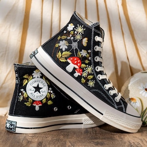 Unique Woodland Design Embroidered Converse, Custom Embroidered Sneakers High Top, Mushroom & Floral Embroidery Converse, Nature Lover Gift