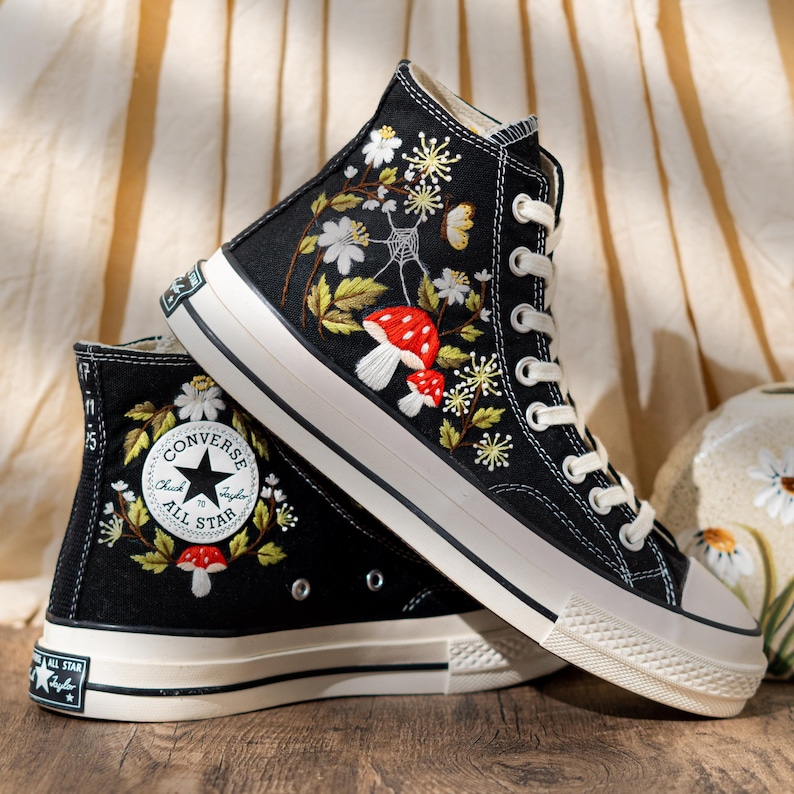 Unique Woodland Design Embroidered Converse, Custom Embroidered Sneakers High Top, Mushroom & Floral Embroidery Converse, Nature Lover Gift
