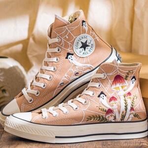 Custom Halloween Embroidered Converse High Tops, Brown Converse Embroidery With Ghost And Mushroom, Unique Custom Sneakers, Halloween Gifts