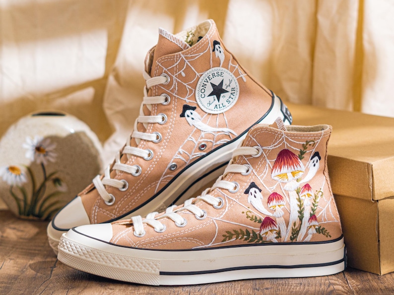 Custom Halloween Embroidered Converse High Tops, Brown Converse Embroidery With Ghost And Mushroom, Unique Custom Sneakers, Halloween Gifts