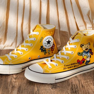 Custom Character Embroidered Converse High Tops, Funny Teddy Bear Embroidery Shoes Yellow, Personalized Embroidered Sneaker, Cute Gift Idea