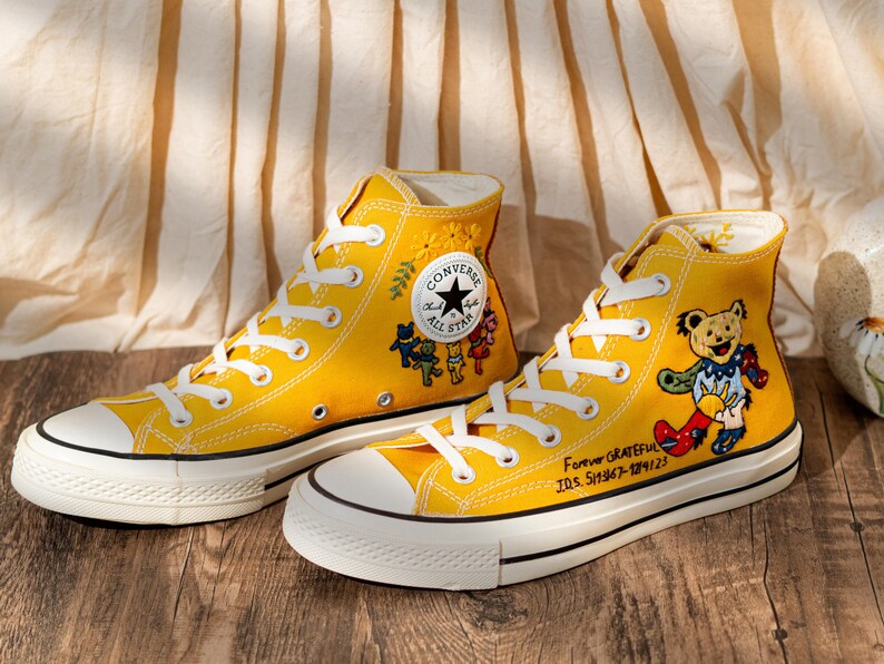Custom Character Embroidered Converse High Tops, Funny Teddy Bear Embroidery Shoes Yellow, Personalized Embroidered Sneaker, Cute Gift Idea