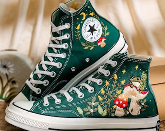 Mushrooms Converse, Fog and Mushrooms Embroidered Converse High Tops Custom, Mushroom Embroidered Sneakers, Flowers Embroidery Shoes Custom