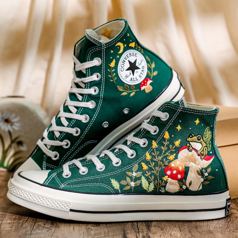 Mushrooms Converse, Fog and Mushrooms Embroidered Converse High Tops Custom, Mushroom Embroidered Sneakers, Flowers Embroidery Shoes Custom