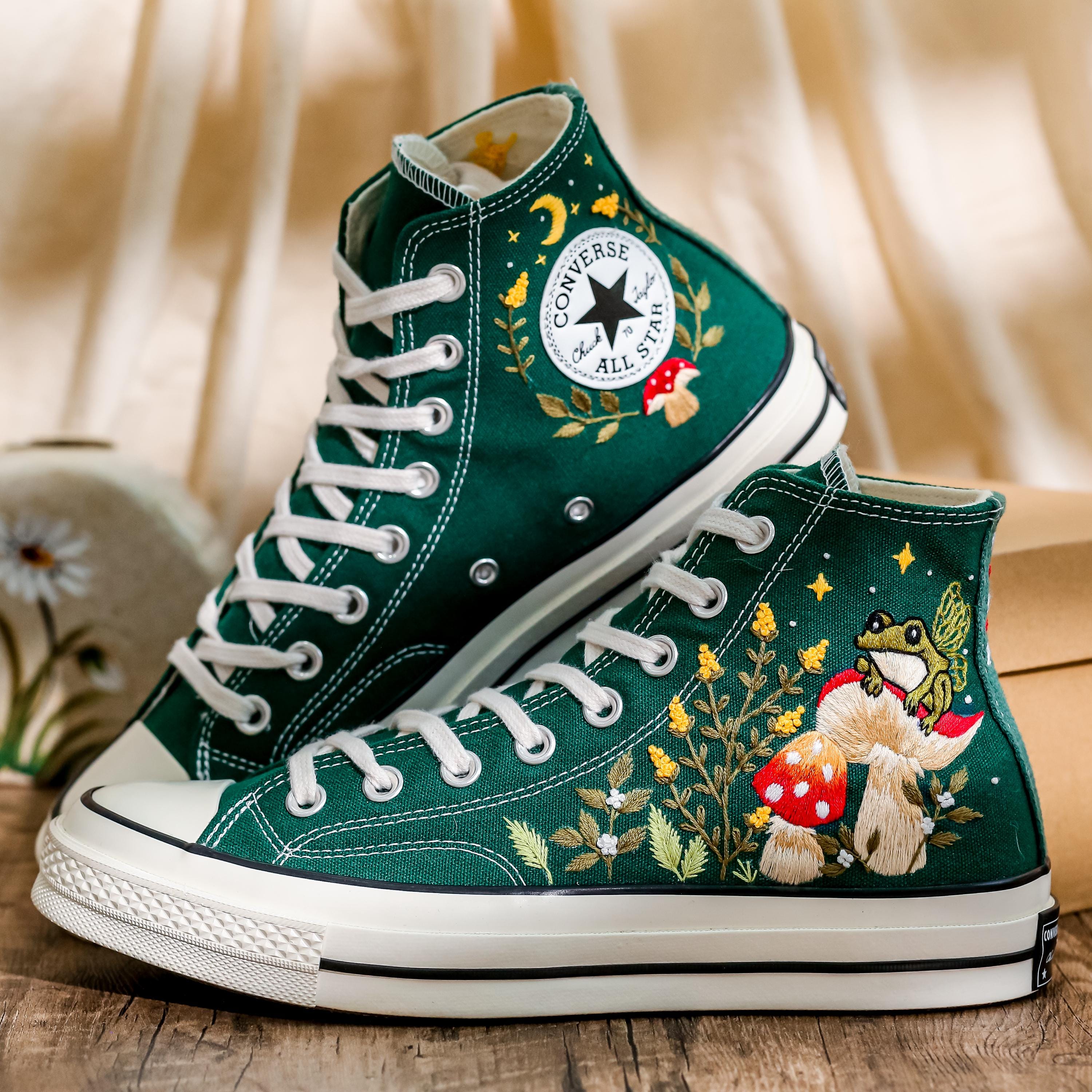 Mushrooms Converse, Fog and Mushrooms Embroidered Converse High Tops Custom, Mushroom Embroidered Sneakers, Flowers Embroidery Shoes Custom