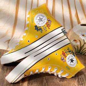 Custom Character Embroidered Converse High Tops, Funny Teddy Bear Embroidery Shoes Yellow, Personalized Embroidered Sneaker, Cute Gift Idea