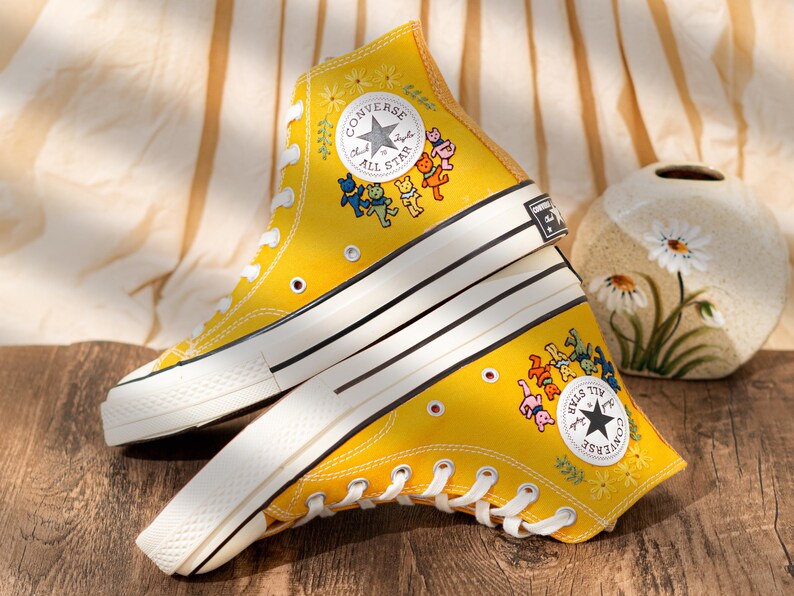 Custom Character Embroidered Converse High Tops, Funny Teddy Bear Embroidery Shoes Yellow, Personalized Embroidered Sneaker, Cute Gift Idea