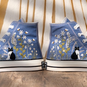 Blue Denim Cat And Floral Design Embroidery Converse, Custom Embroidered Sneakers High Top, Unique Converse Shoes, Custom Gift For Cat Lover