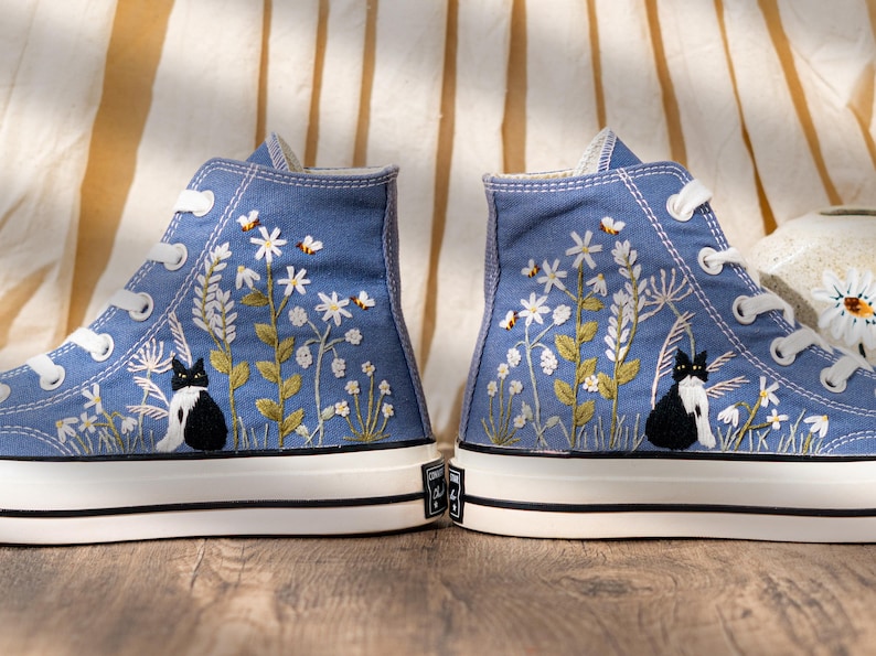 Blue Denim Cat And Floral Design Embroidery Converse, Custom Embroidered Sneakers High Top, Unique Converse Shoes, Custom Gift For Cat Lover