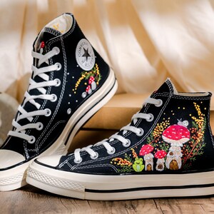 Mushroom Embroidered Converse High Tops, Mushrooms, Frog Embroidered Shoes, Converse Embroidery Mushroom, Embroidered Sneaker, Gift for Her