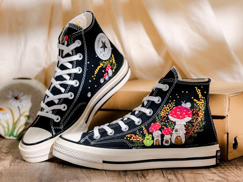Mushroom Embroidered Converse High Tops, Mushrooms, Frog Embroidered Shoes, Converse Embroidery Mushroom, Embroidered Sneaker, Gift for Her