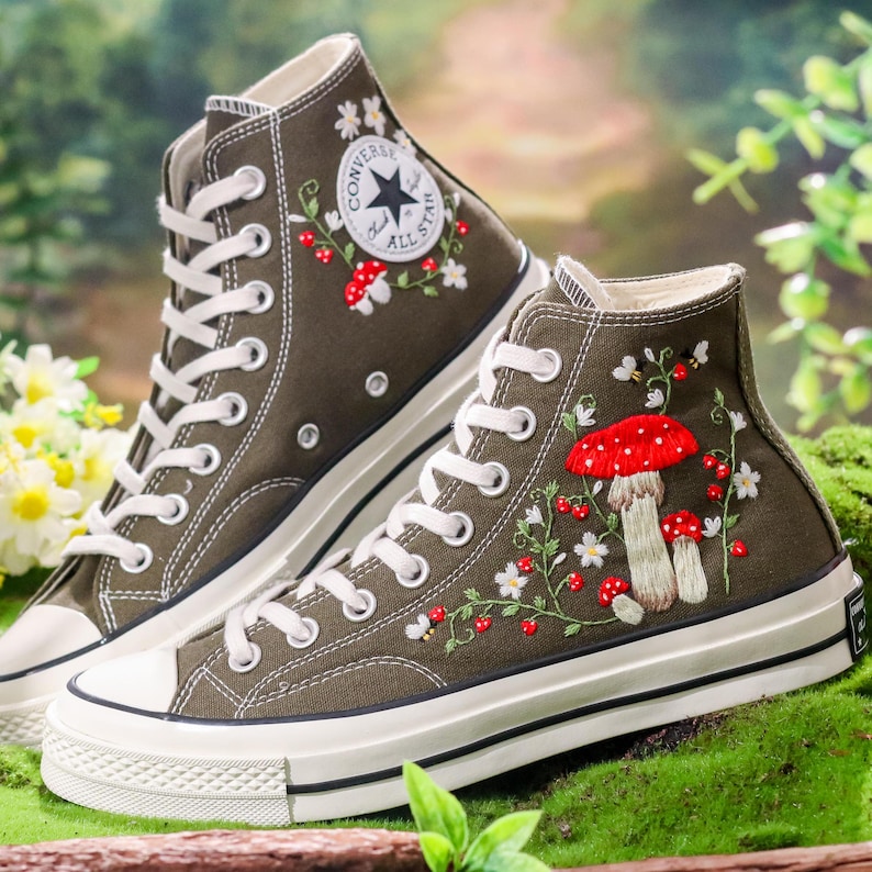 Custom Converse Chuck Taylor Mushrooms Embroidered Converse Shoes, Mushrooms Embroidered Sneakers Custom, Embroidered Mushrooms Converse
