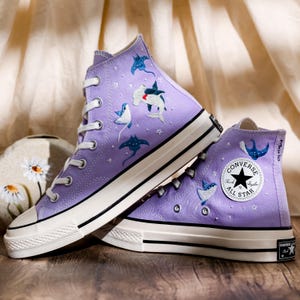 Manta Ray Embroidered Converse High Tops, Hammerhead Shark Embroidered Shoes, Ray and Shark Embroidered Sneaker Custom, Gift for Her