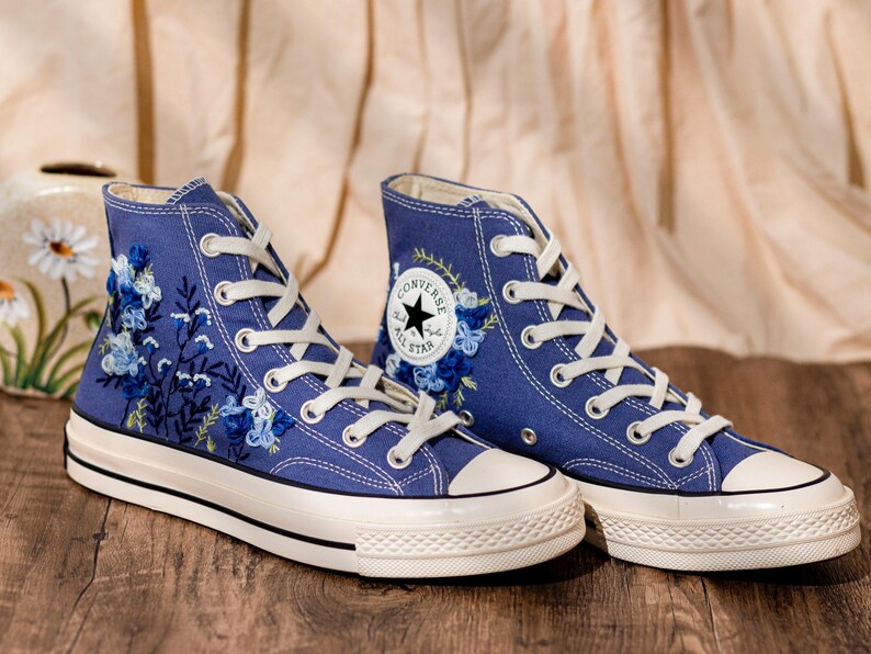 Blue Converse Chuck Taylor 1970s: Custom Floral Embroidered Bridal Sneakers