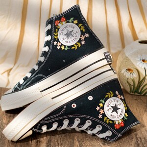 Vintage Embroidered Converse High Top, Handmade Floral & Mushroom Embroidery Converse Shoes, Custom Embroidered Sneakers Black, Fashion Gift