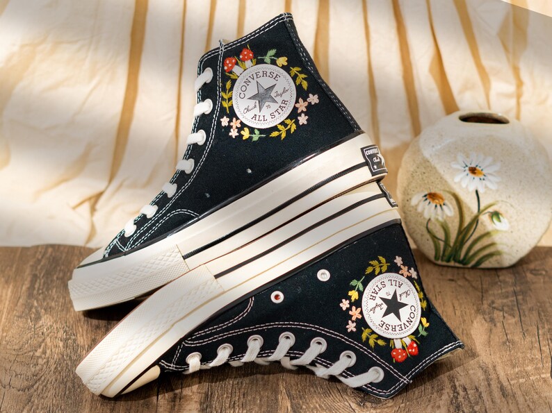 Vintage Embroidered Converse High Top, Handmade Floral & Mushroom Embroidery Converse Shoes, Custom Embroidered Sneakers Black, Fashion Gift