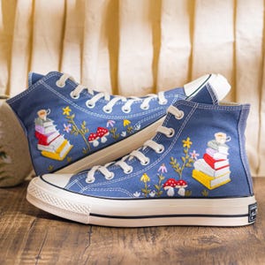Custom Embroidered Converse Chuck 70 High Top, Denim Blue Converse Embroidery With Book And Mushroom, Hand Embroidered Sneakers, Unique Gift