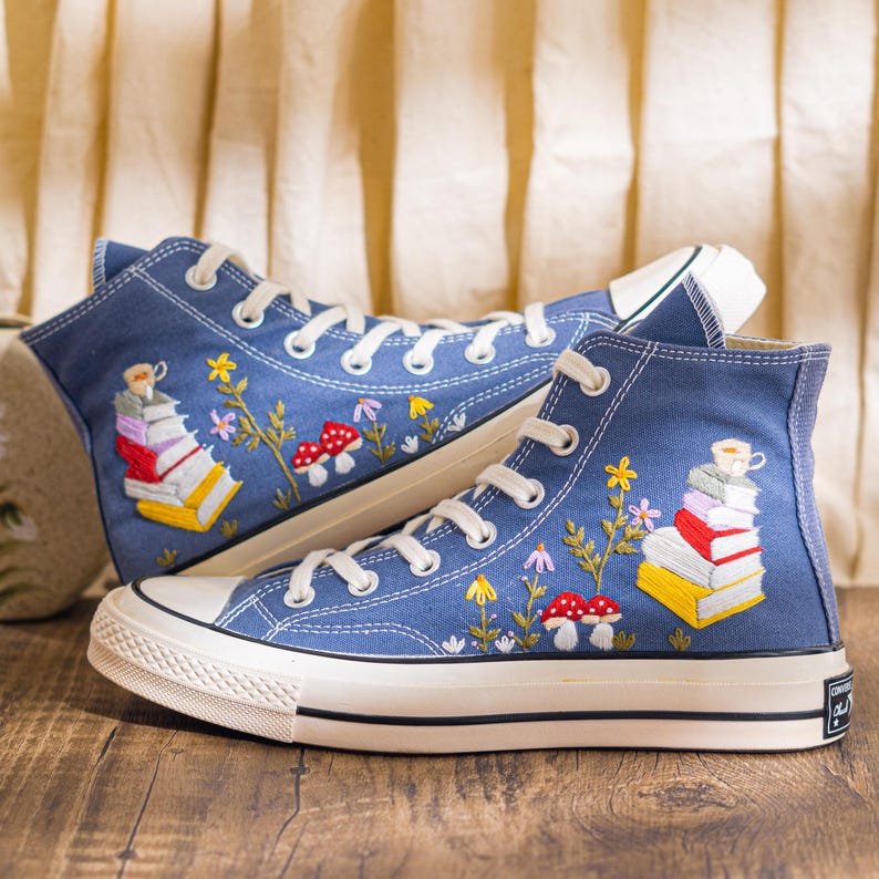 Custom Embroidered Converse Chuck 70 High Top, Denim Blue Converse Embroidery With Book And Mushroom, Hand Embroidered Sneakers, Unique Gift