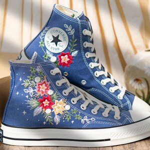 Custom Floral Embroidery Converse For Holiday, Poinsettia Embroidered Converse High Top, Custom Embroidered Sneakers Navy Blue, Women Gift